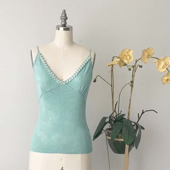 OUI MOMENTS Size 6 Acqua Blue Knitted Viscose Blend Spaghetti Strap Tank Top - Picture 13 of 13